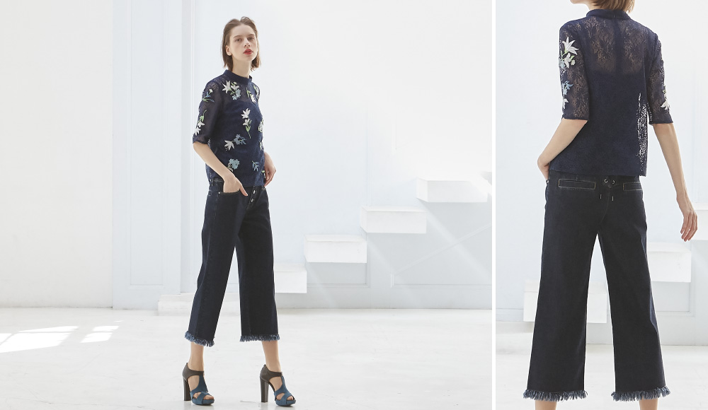 LILY TULLE EMBROIDERY WITH LACE BLOUSE / STRETCHY DENIM WIDE LEG PANTS
