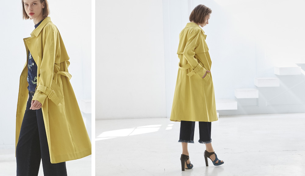 COTTON BLEND TRENCH COAT / LILY TULLE EMBROIDERY WITH LACE BLOUSE / STRETCHY DENIM WIDE LEG PANTS