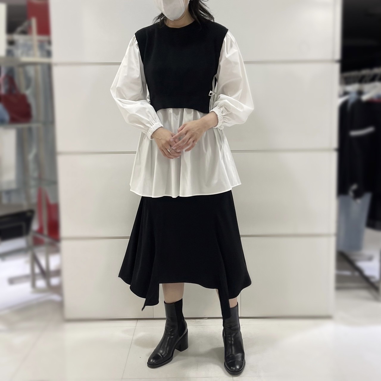 ヴィヴィアンタム 異素材ドッキングワンピース 黒 フリンジ 麻